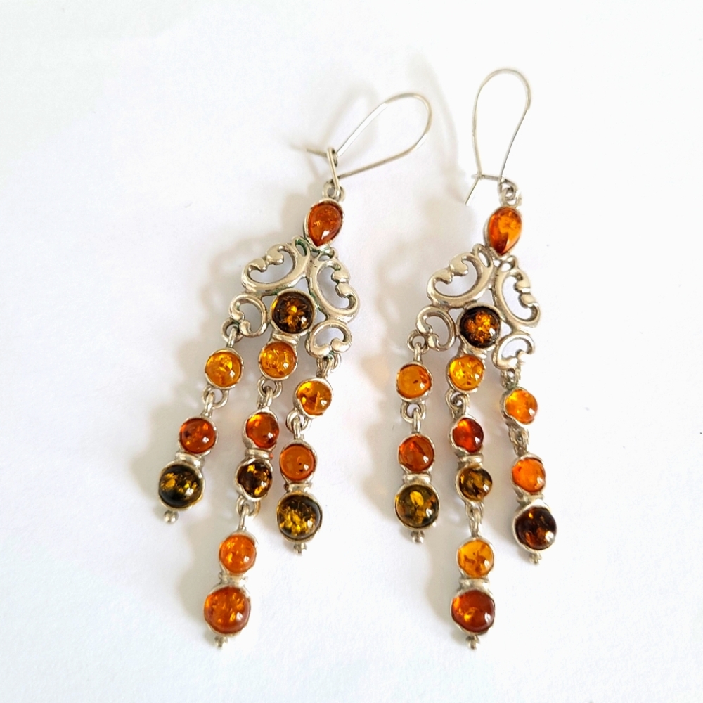 Vintage Boho Yellow Orange Green Baltic Amber Drop Dangle Chandelier Earrings